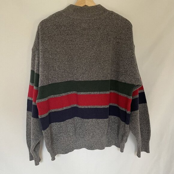 Vintage Lands End Mens Knit Sweater L 42-44 Gray Red Green Striped Wool Cotton B - Picture 7 of 7